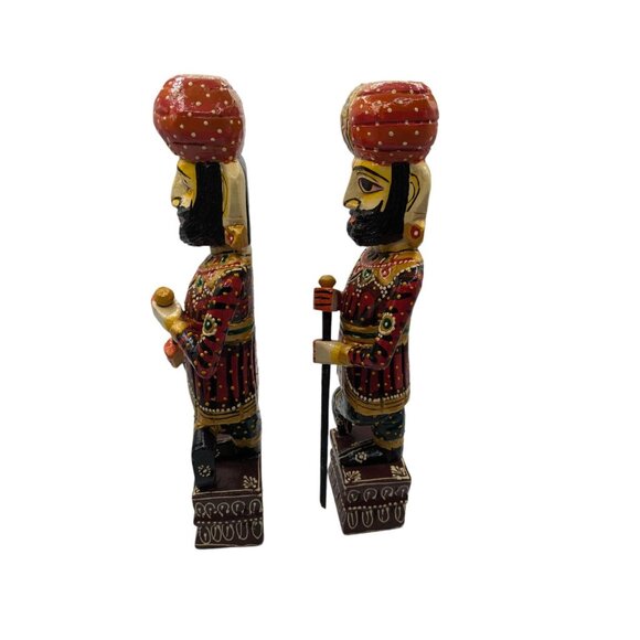 Pair of rajasthani wooden statue handicraft painted royal gate keeper watch man - Picture 7 of 12
